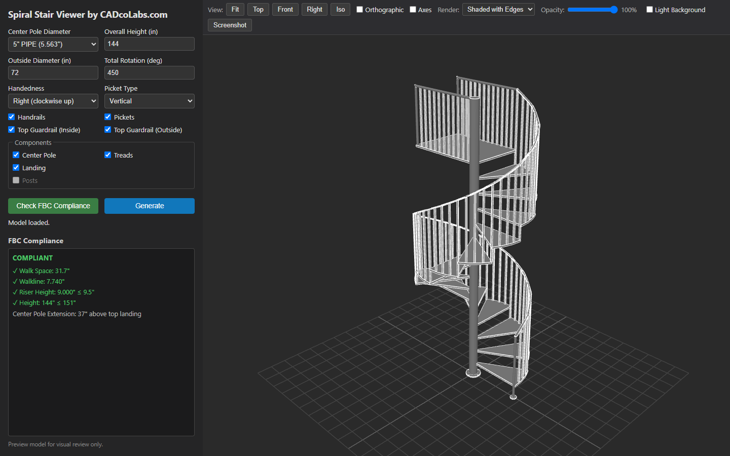 Spiral Stair Designer showing adjustable geometry, a compliant FBC result, and a generated 3D staircase